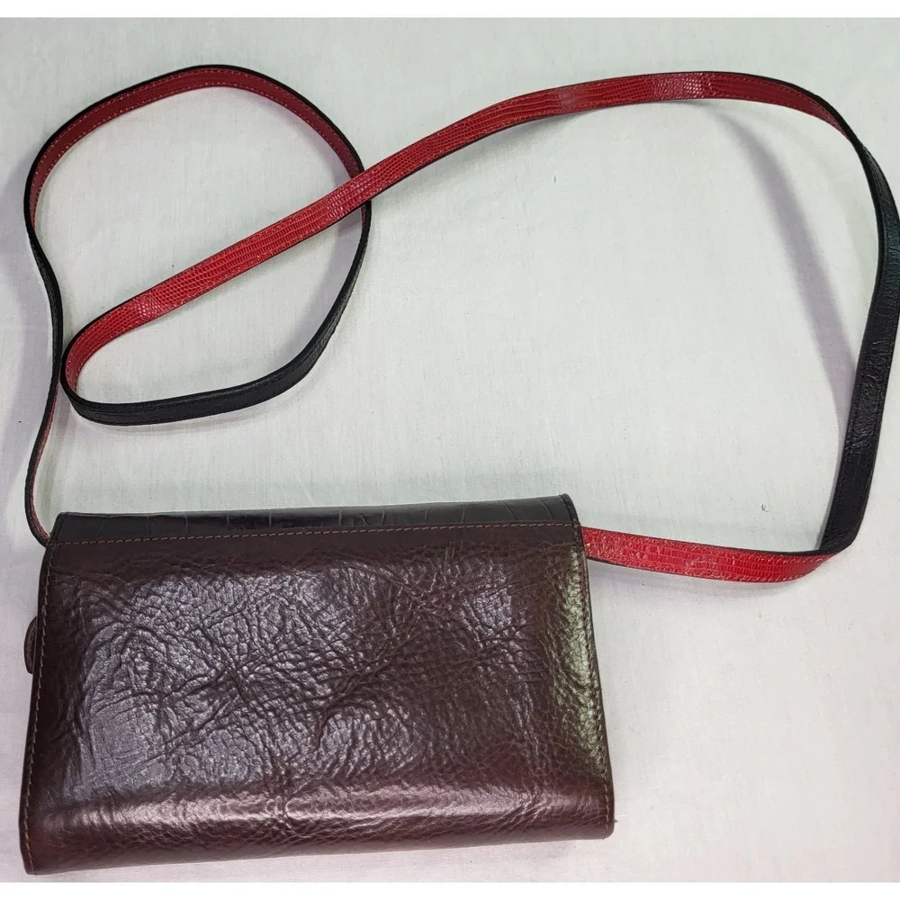 Brighton Crossbody Bag Wallet Purse Croc Embossed Charms Red & Black Strap Heart